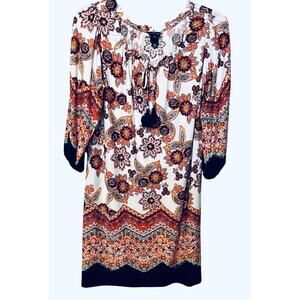 ENFOCUS STUDIO LONG SLV RND NECK TUNIC DRESS, WOMENS-14-WHITE NAVY ORANGE FLORAL